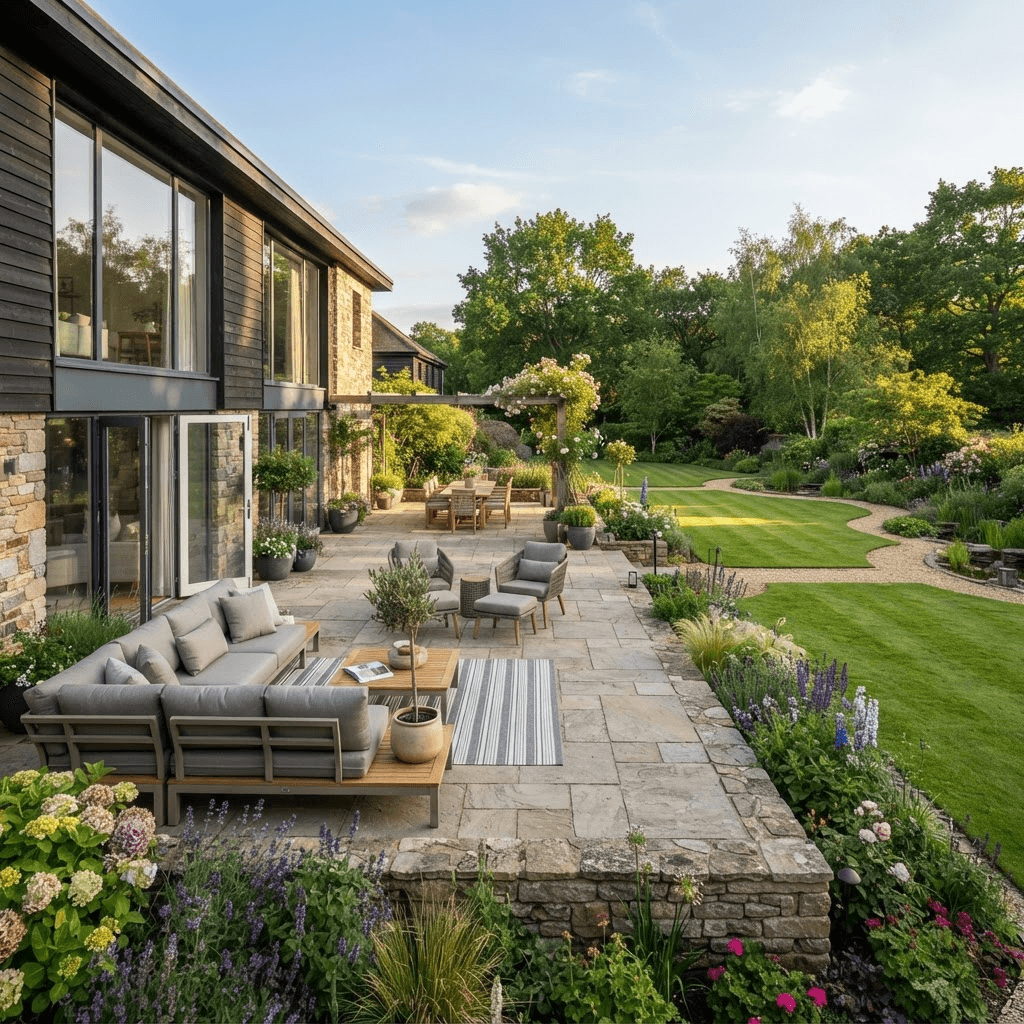 Neu gebaute große Natursteinterrasse an einem modernen Haus mit Loungemöbeln und bepflanzten Beeten