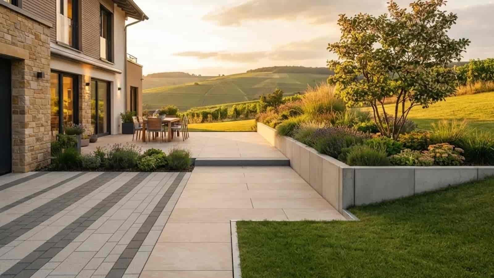 Moderne Außenanlage von SHG Garten- und Landschaftsbau Bad Kreuznach: gepflasterte Einfahrt, Terrasse mit Großformatplatten, L-Steine mit bepflanztem Hang und Rasen vor den Weinbergen der Nahe