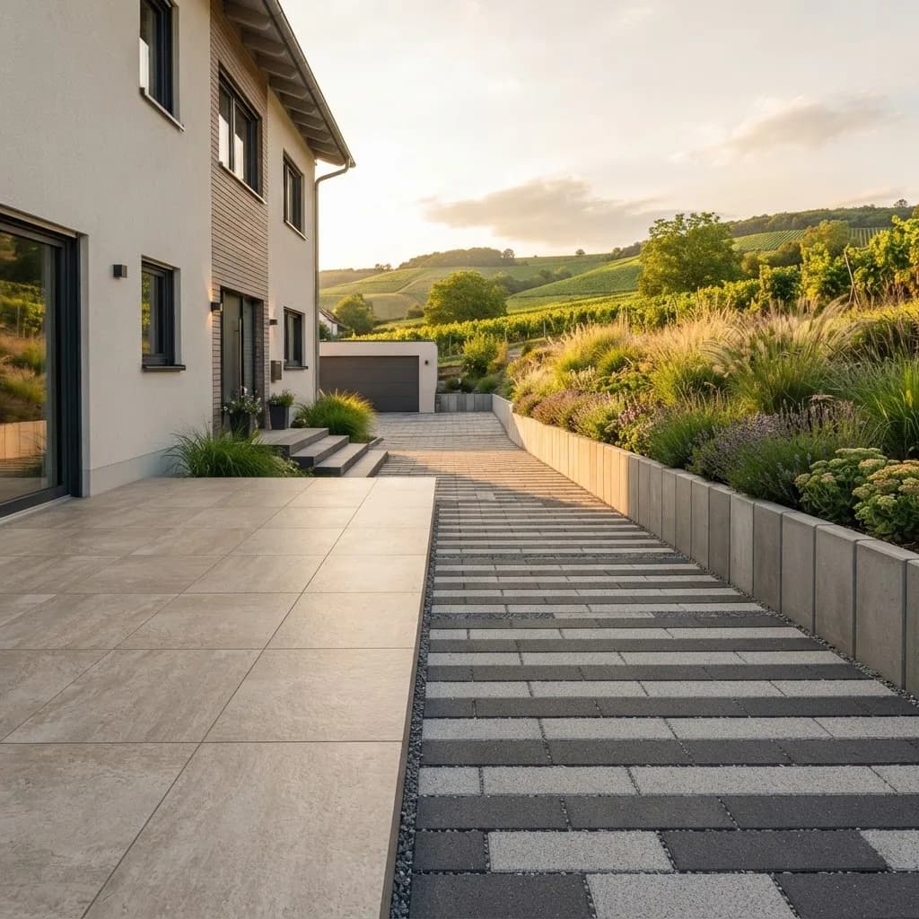 Moderne Außenanlage in Bad Kreuznach: Terrasse mit großformatigen beigen Feinsteinzeugplatten, angrenzende Einfahrt aus anthrazit-grauem Betonpflaster mit Sickerfugen und ein mit L-Steinen abgefangener, bepflanzter Hang vor den Weinbergen der Nahe