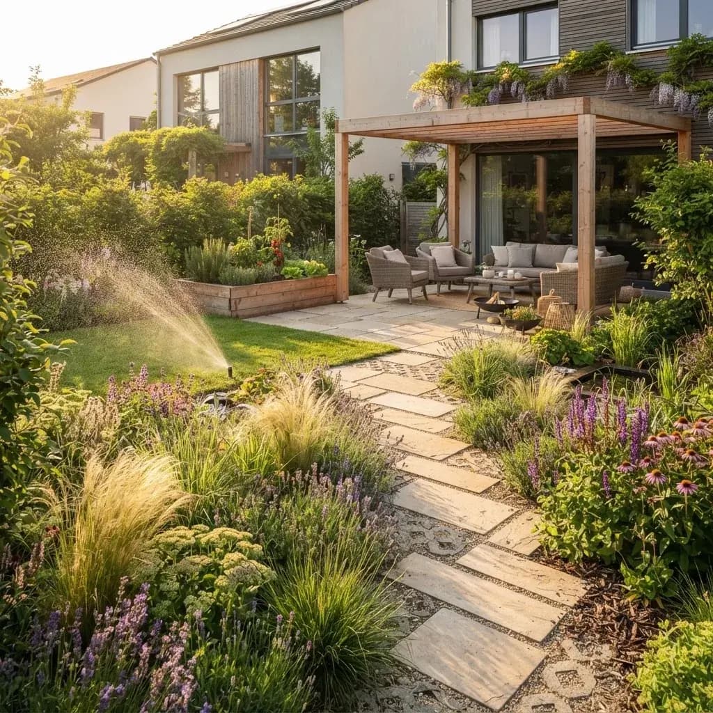 Moderner klimafester Garten mit Ziergräsern, Staudenbeeten, Natursteinterrasse, Pergola und automatischer Bewässerung