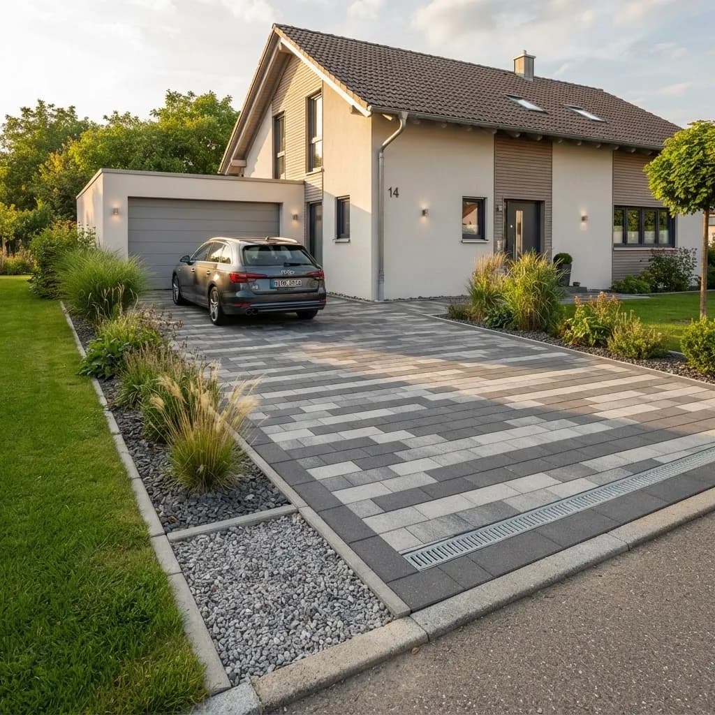 Frisch gepflasterte Hofeinfahrt mit anthrazit- und grautönigem Betonpflaster vor einem modernen Einfamilienhaus in Bad Kreuznach, daneben ein Reststreifen der alten Schotterfläche zum Vergleich