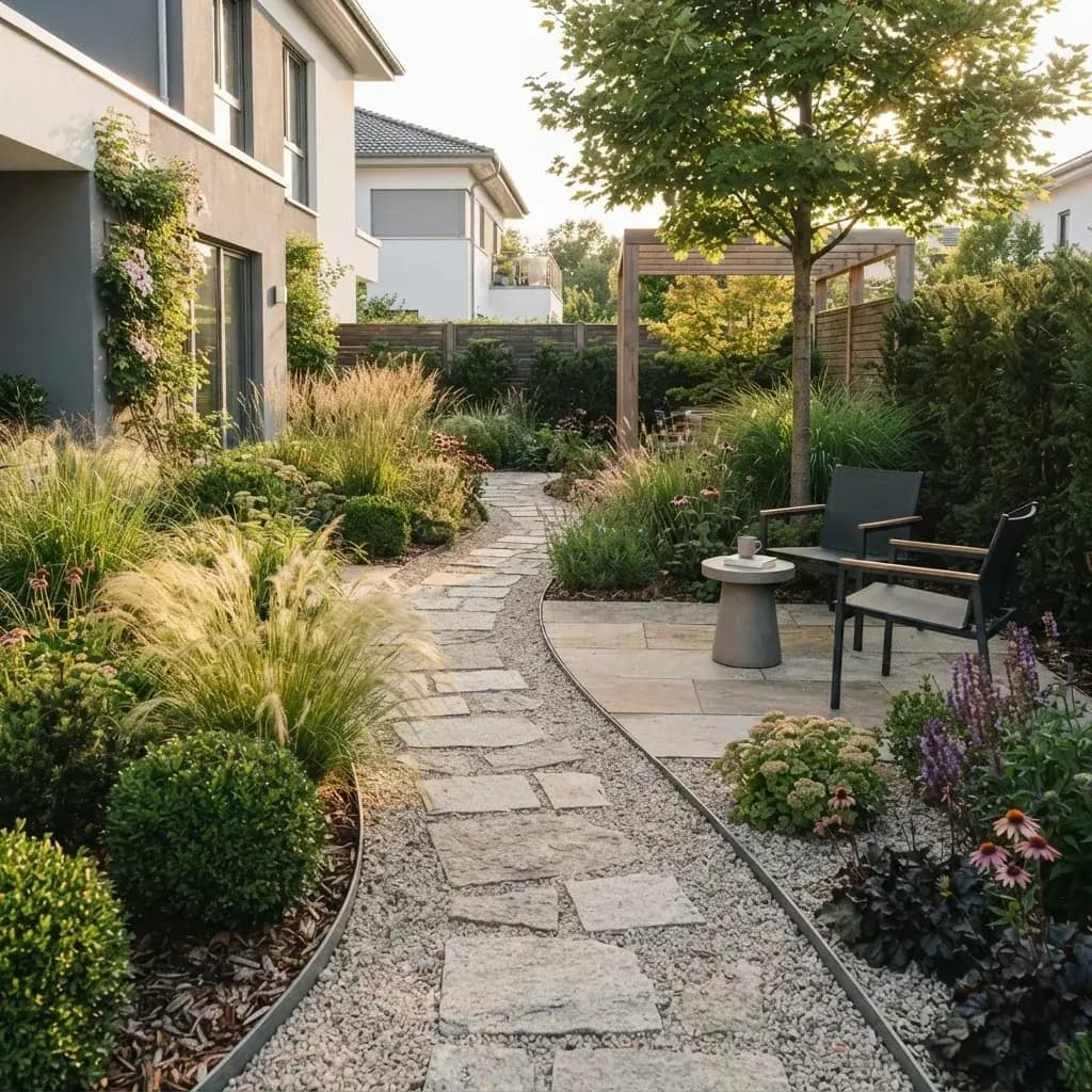 Moderner pflegeleichter Garten mit Ziergräsern, Kiesbeeten, immergrünen Sträuchern und einem Natursteinweg