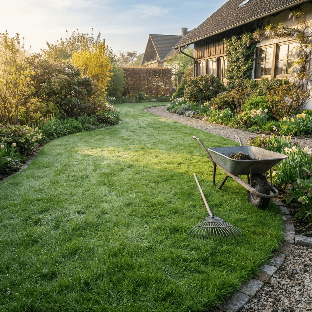 Sattgrüner Rasen in einem Garten im Frühjahr mit Morgentau, daneben Rechen und Schubkarre