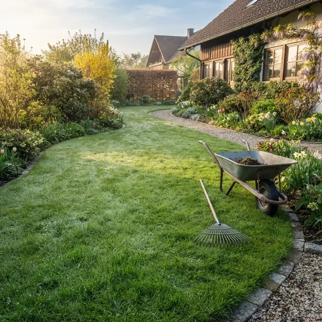 Sattgrüner Rasen in einem Garten im Frühjahr mit Morgentau, daneben Rechen und Schubkarre