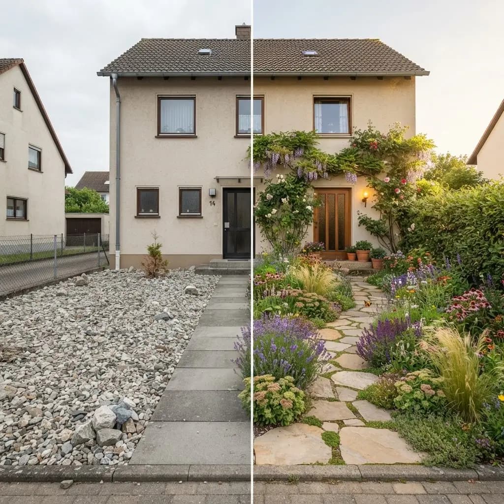 Vorher-Nachher: Links ein grauer Schottergarten, rechts ein naturnaher, begrünter Vorgarten mit Staudenbeeten und Natursteinweg in Bad Kreuznach