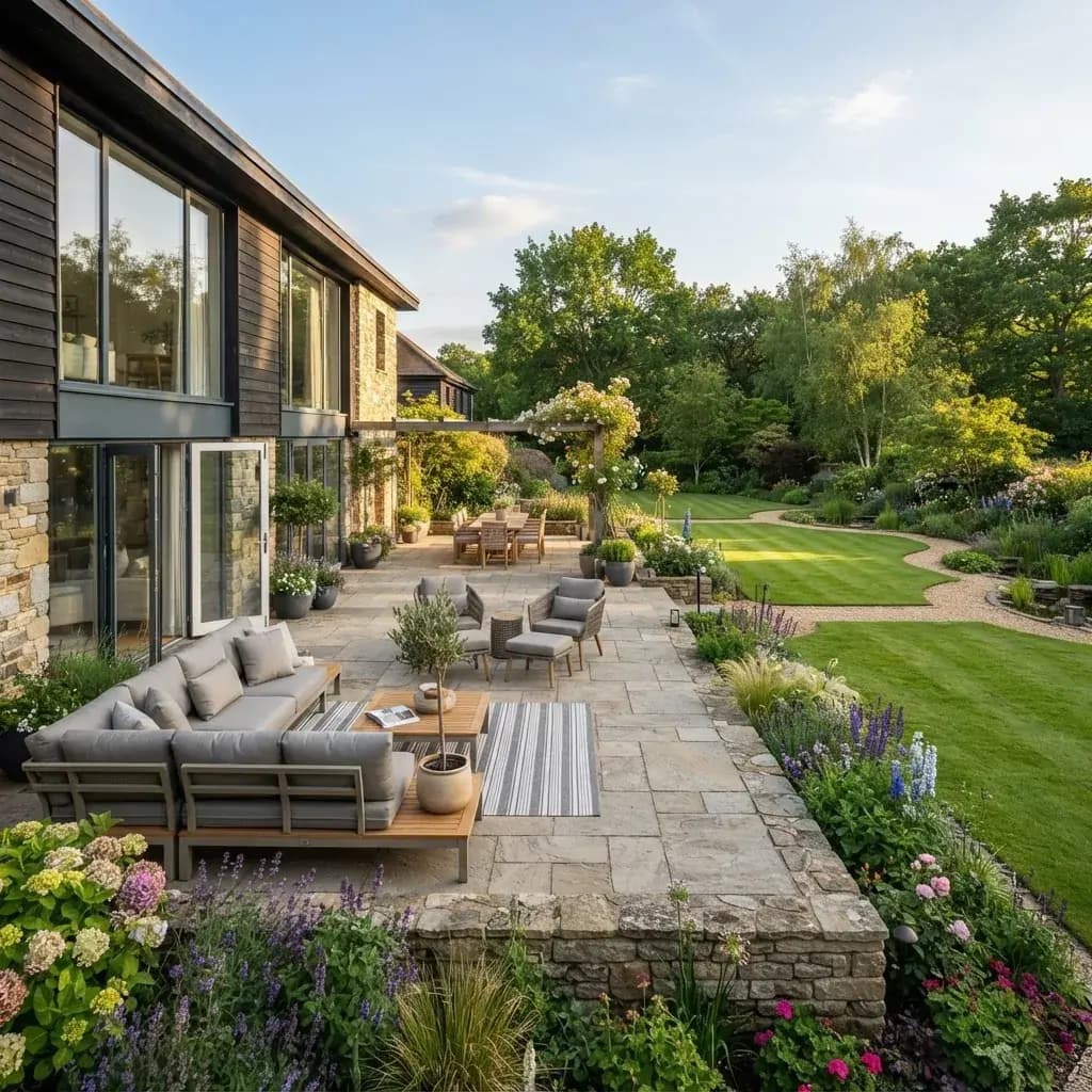 Neu gebaute große Natursteinterrasse an einem modernen Haus mit Loungemöbeln und bepflanzten Beeten