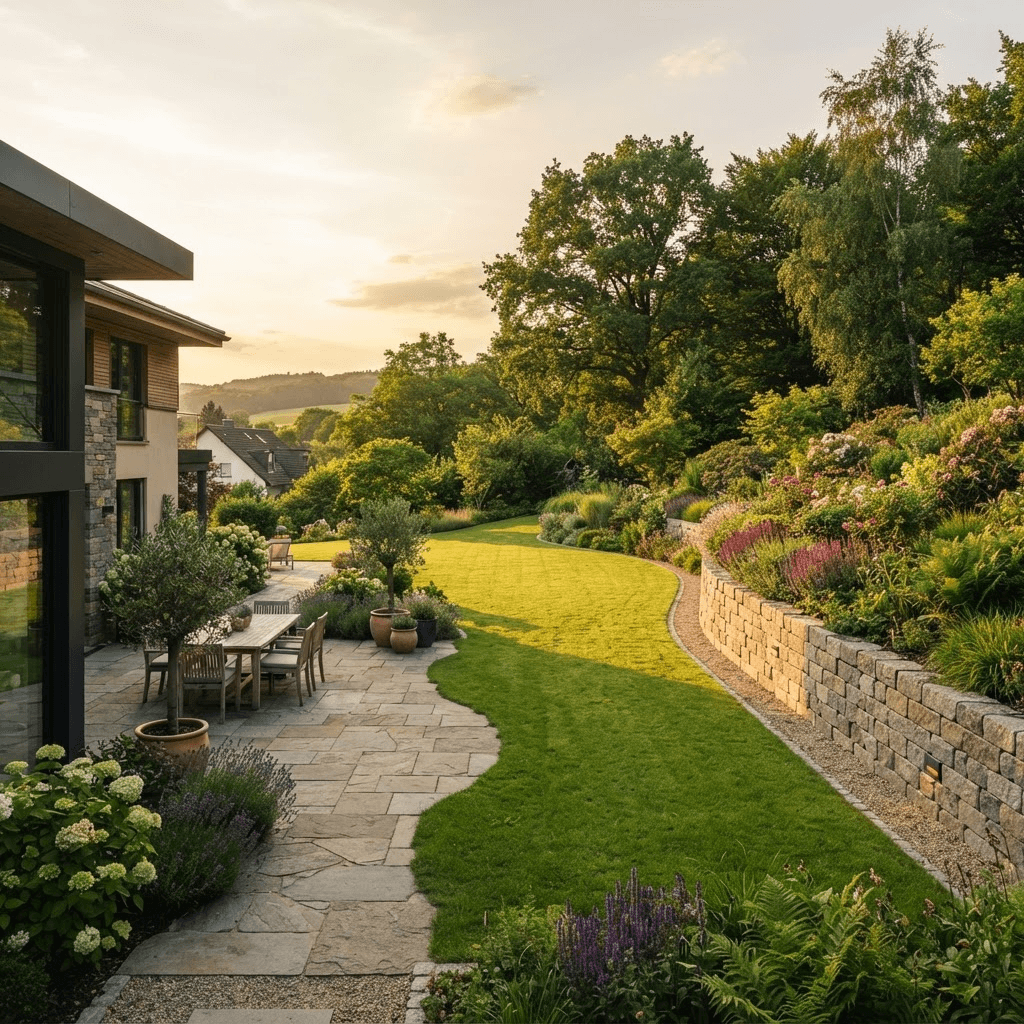Hochwertig angelegter Garten mit Natursteinterrasse und gepflegtem Rasen von SHG Galabau