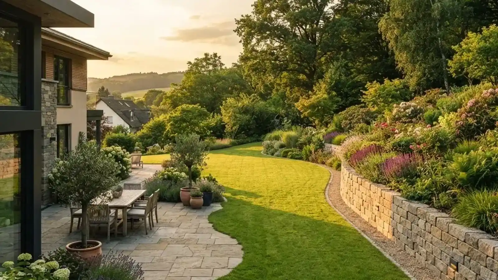 Professionell angelegter Garten mit Natursteinterrasse und gepflegtem Rasen – ein Referenzbeispiel für die Arbeit von SHG Garten- und Landschaftsbau