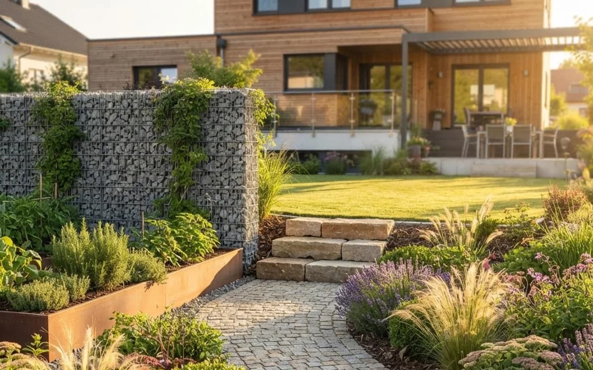 Gartengestaltung mit Natursteinpflaster-Weg, Gabionenwand, Blockstufen aus Naturstein und Staudenbeeten – SHG Galabau Bad Kreuznach