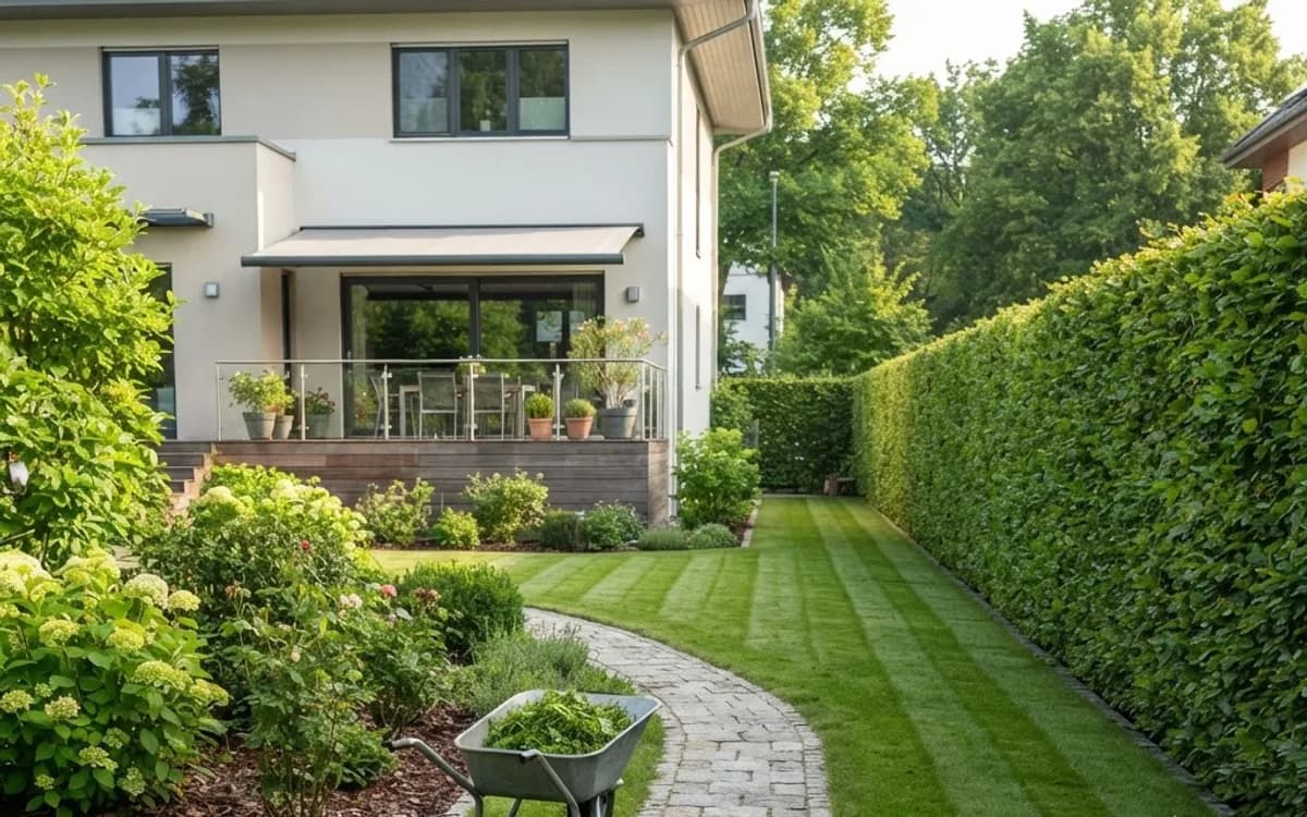 Gartenpflege: gemähter Rasen, sauber geschnittene Hecke und gepflegte Beete – SHG Galabau Bad Kreuznach