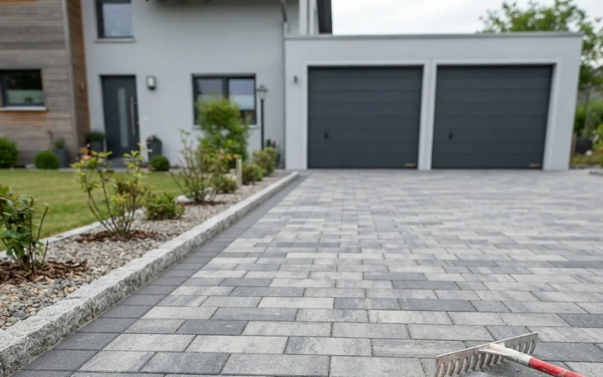 Pflasterarbeiten: neu gepflasterte Hofeinfahrt mit anthrazit-grauem Betonsteinpflaster und Granit-Randsteinen – SHG Galabau Bad Kreuznach