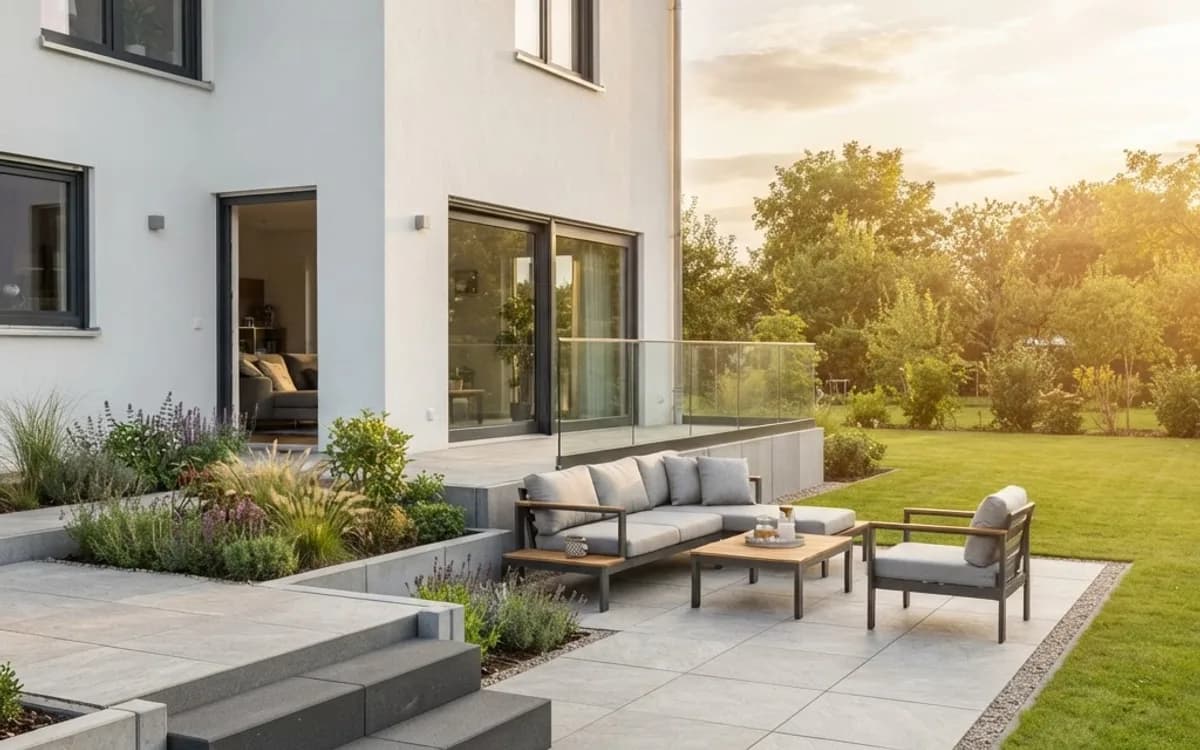 Terrassenbau mit großformatigen Terrassenplatten, Podest und Blockstufen aus Beton, L-Steine als Einfassung – SHG Galabau Bad Kreuznach