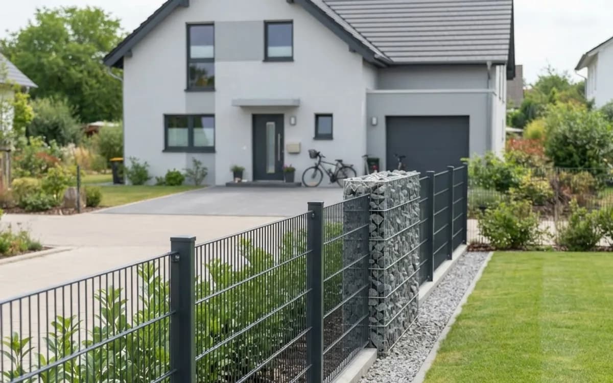 Zaunbau: anthraziter Doppelstabmattenzaun mit Gabionen-Sichtschutz und Rasenkante an einem Einfamilienhaus – SHG Galabau Bad Kreuznach