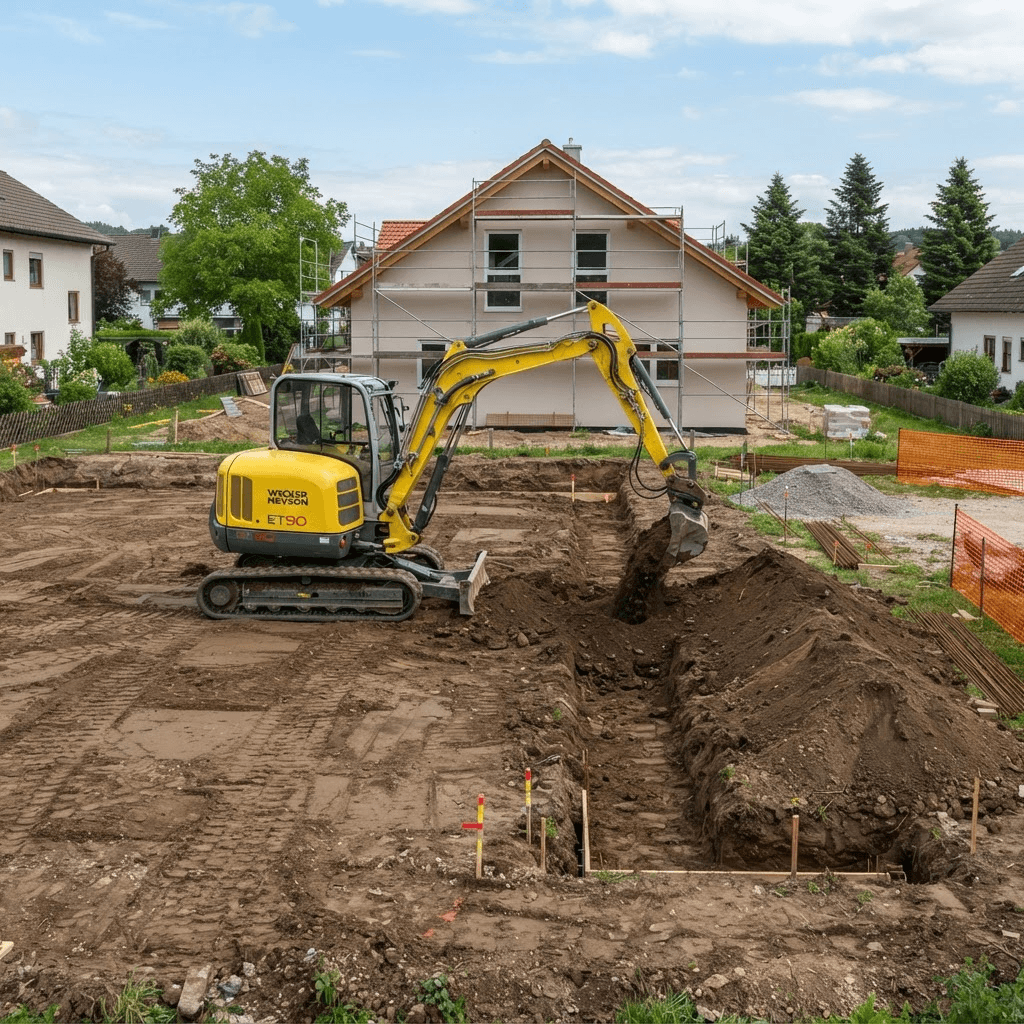Kompaktbagger bei Erdarbeiten zur Vorbereitung einer neuen Gartenanlage
