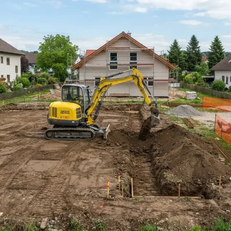 Kompaktbagger bei Erdarbeiten zur Vorbereitung einer neuen Gartenanlage