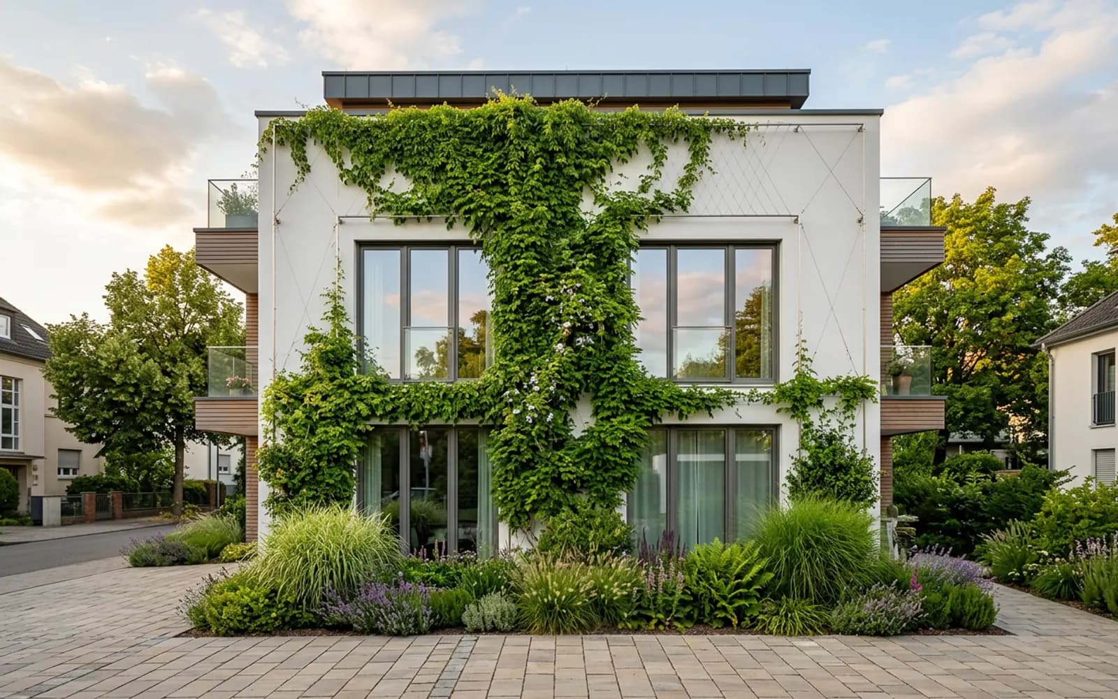 Hausfassade mit Rankhilfe und blühenden Kletterpflanzen