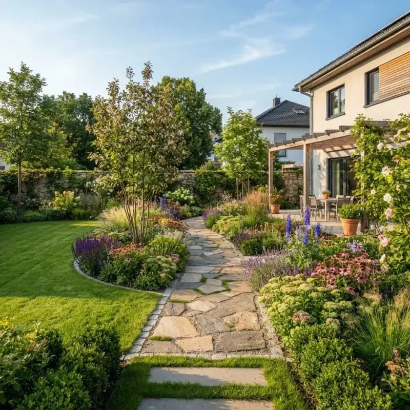 Neu gestalteter Garten mit Natursteinweg, Staudenbeeten und gepflegtem Rasen in Bad Kreuznach