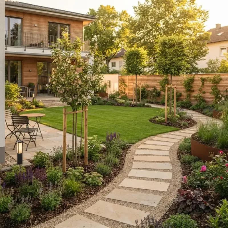 Gartenneuanlage & Umgestaltung in Gensingen – Frisch angelegter Garten mit neuem Rasen, jungen Bäumen und Natursteinweg nach der Neuanlage