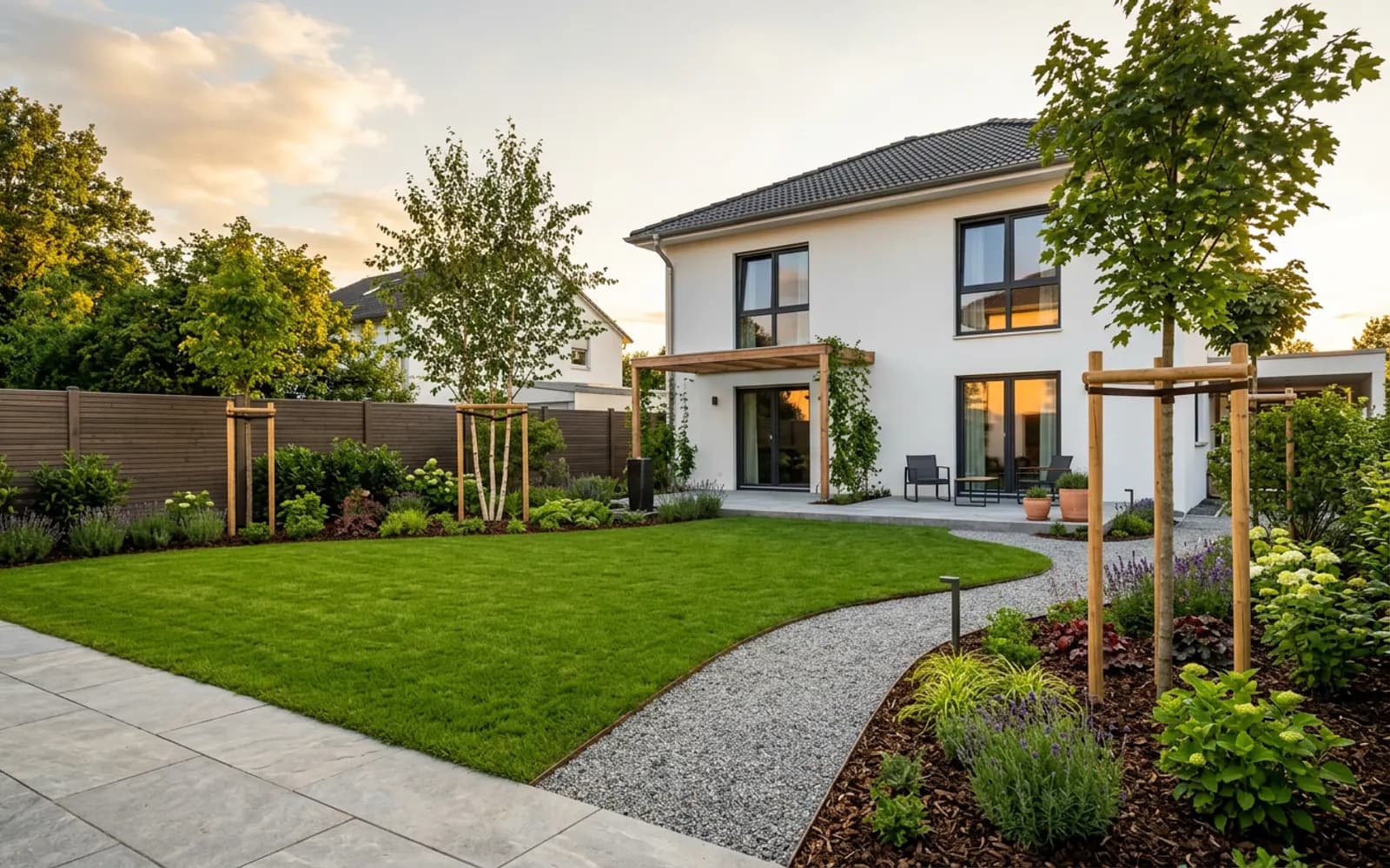 Frisch angelegter Garten mit neuem Rasen, jungen Bäumen und Natursteinweg nach der Neuanlage