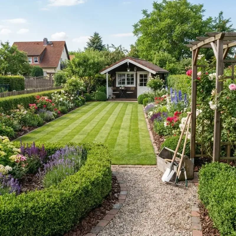 Gartenpflege in Roxheim – Gärtner bei der Beetpflege in einem gepflegten Privatgarten mit Hecken und Stauden