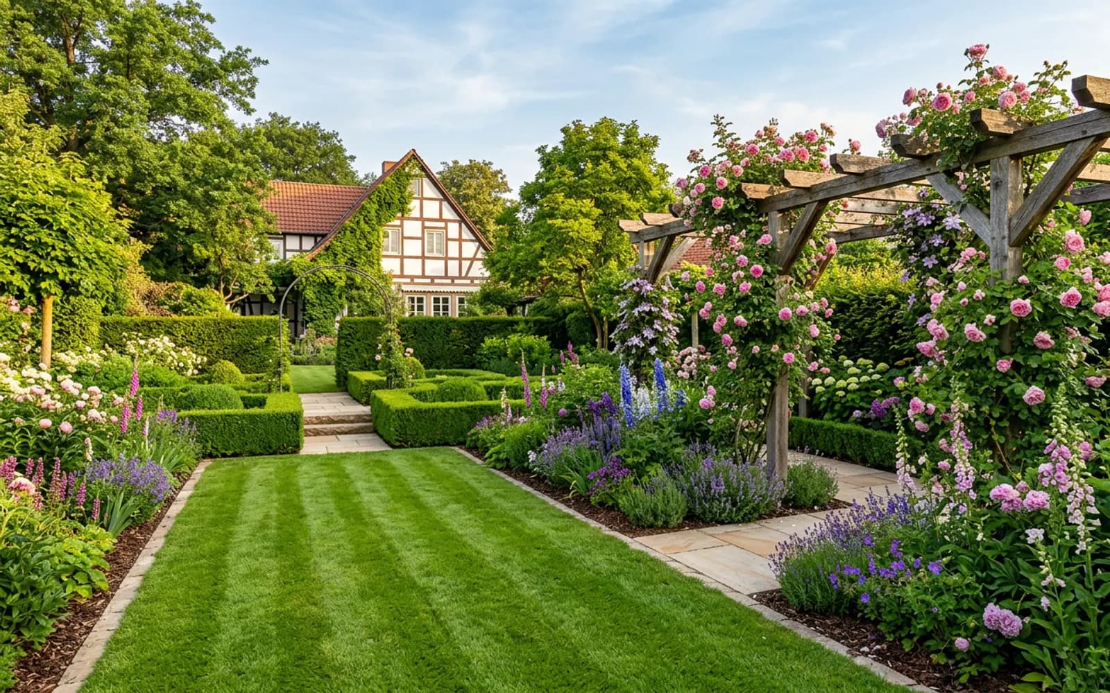 Gärtner bei der Beetpflege in einem gepflegten Privatgarten mit Hecken und Stauden