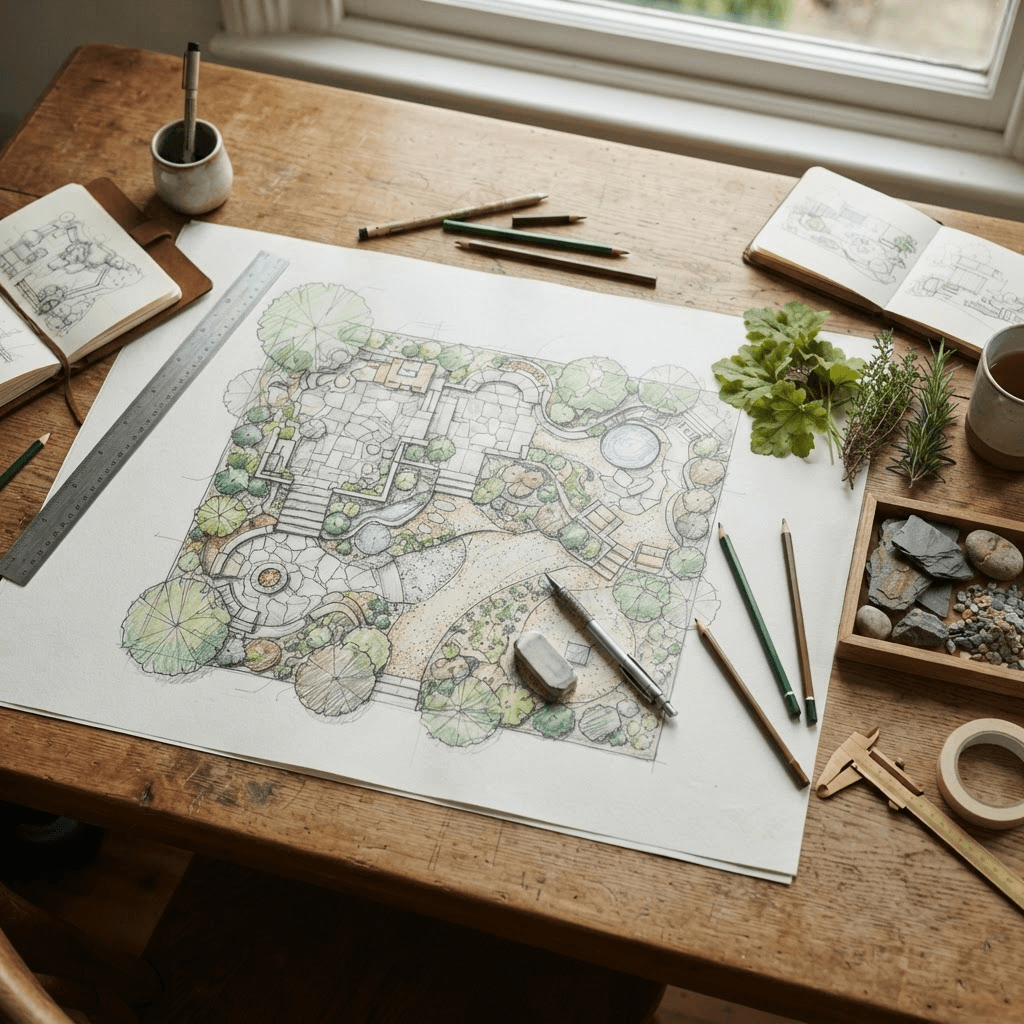 Gartenplan mit Zeichenwerkzeug und Materialmustern auf dem Planungstisch