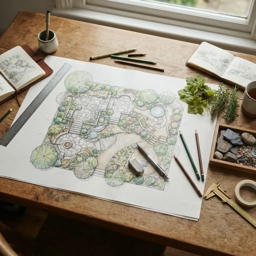 Gartenplan mit Zeichenwerkzeug und Materialmustern auf dem Planungstisch
