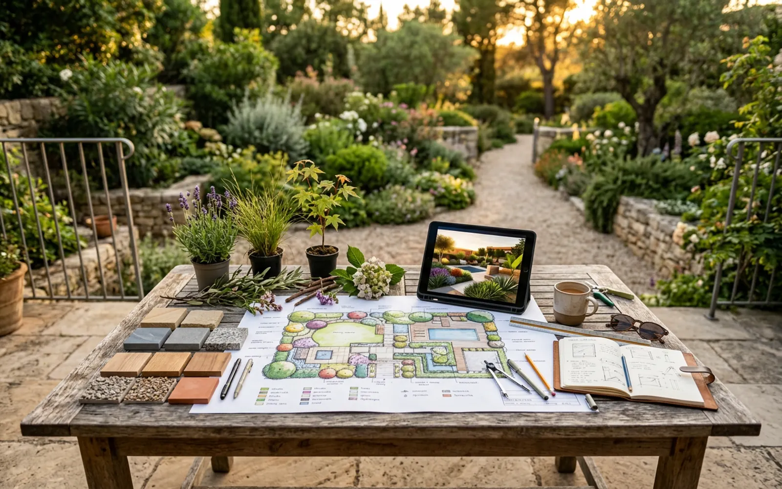Gartenplan mit Zeichenwerkzeug und Materialmustern auf dem Planungstisch