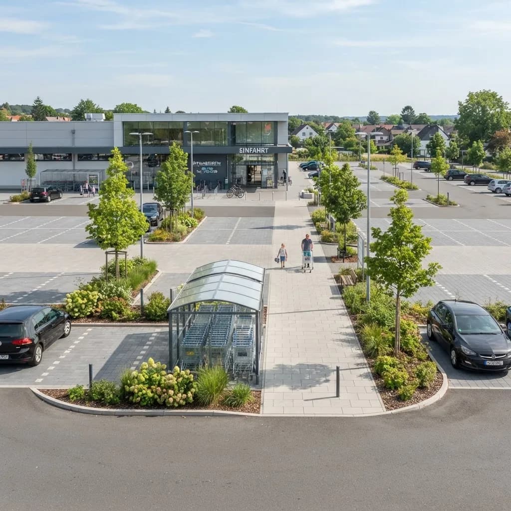 Neu gebaute gewerbliche Außenanlage eines Supermarkts mit gepflastertem Parkplatz und Grünstreifen