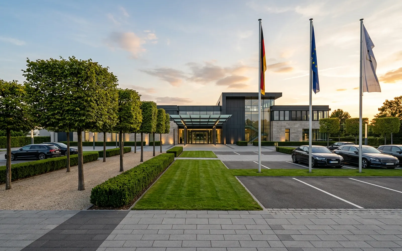 Neu gebaute gewerbliche Außenanlage eines Supermarkts mit gepflastertem Parkplatz und Grünstreifen
