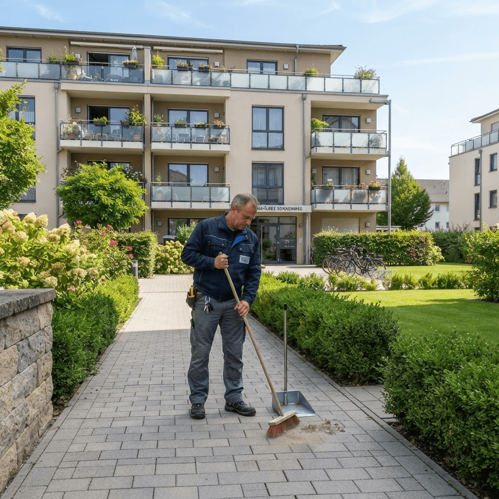 Hausmeister reinigt den gepflasterten Eingangsbereich einer Wohnanlage mit gepflegten Grünflächen