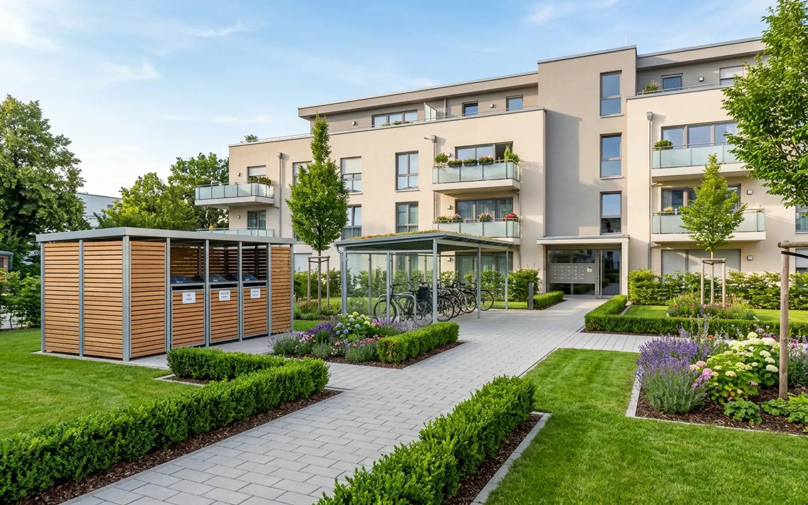 Hausmeister reinigt den gepflasterten Eingangsbereich einer Wohnanlage mit gepflegten Grünflächen