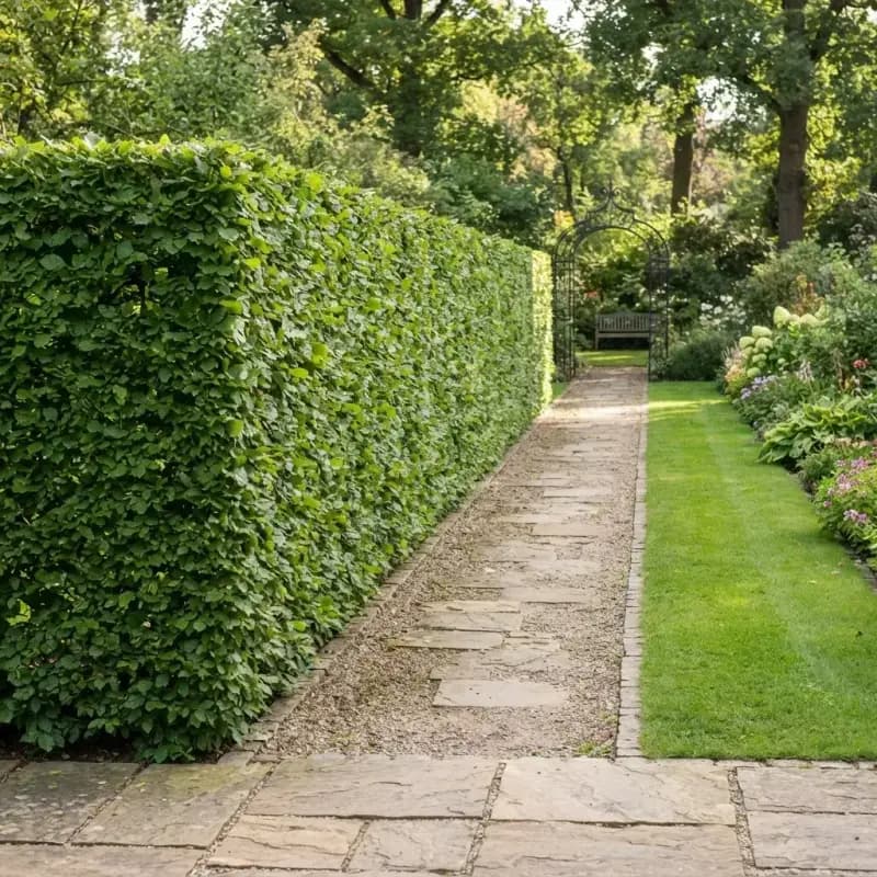 Präzise geschnittene Hainbuchenhecke entlang eines Gartenwegs