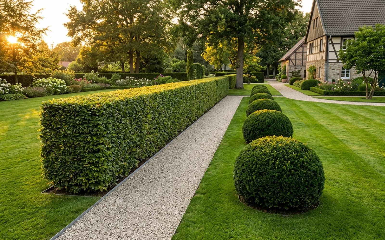 Heckenschnitt & Heckenpflege in Rüdesheim am Rhein – Präzise geschnittene Hainbuchenhecke entlang eines Gartenwegs