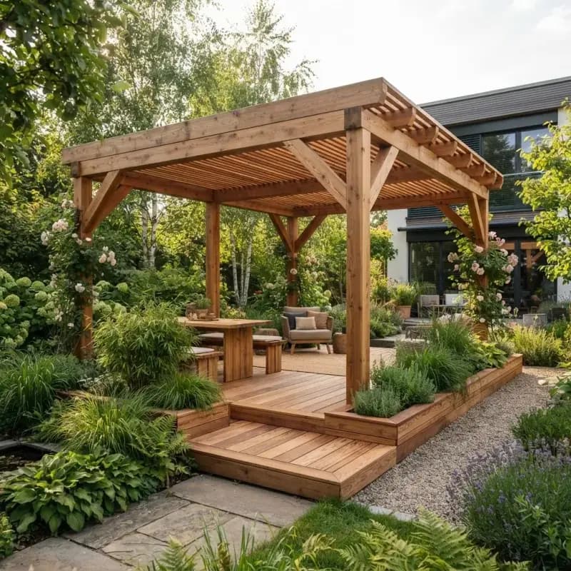 Holzpergola mit Sichtschutzelementen und Hochbeeten aus Lärchenholz in einem Privatgarten