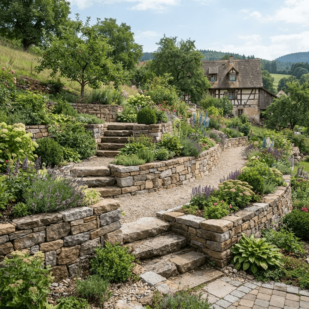 Natursteinmauer als Hangbefestigung mit Staudenbepflanzung in einem terrassierten Garten