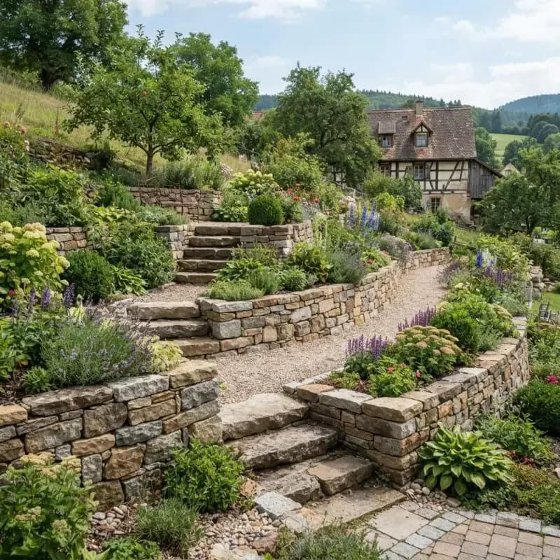 Natursteinmauer als Hangbefestigung mit Staudenbepflanzung in einem terrassierten Garten