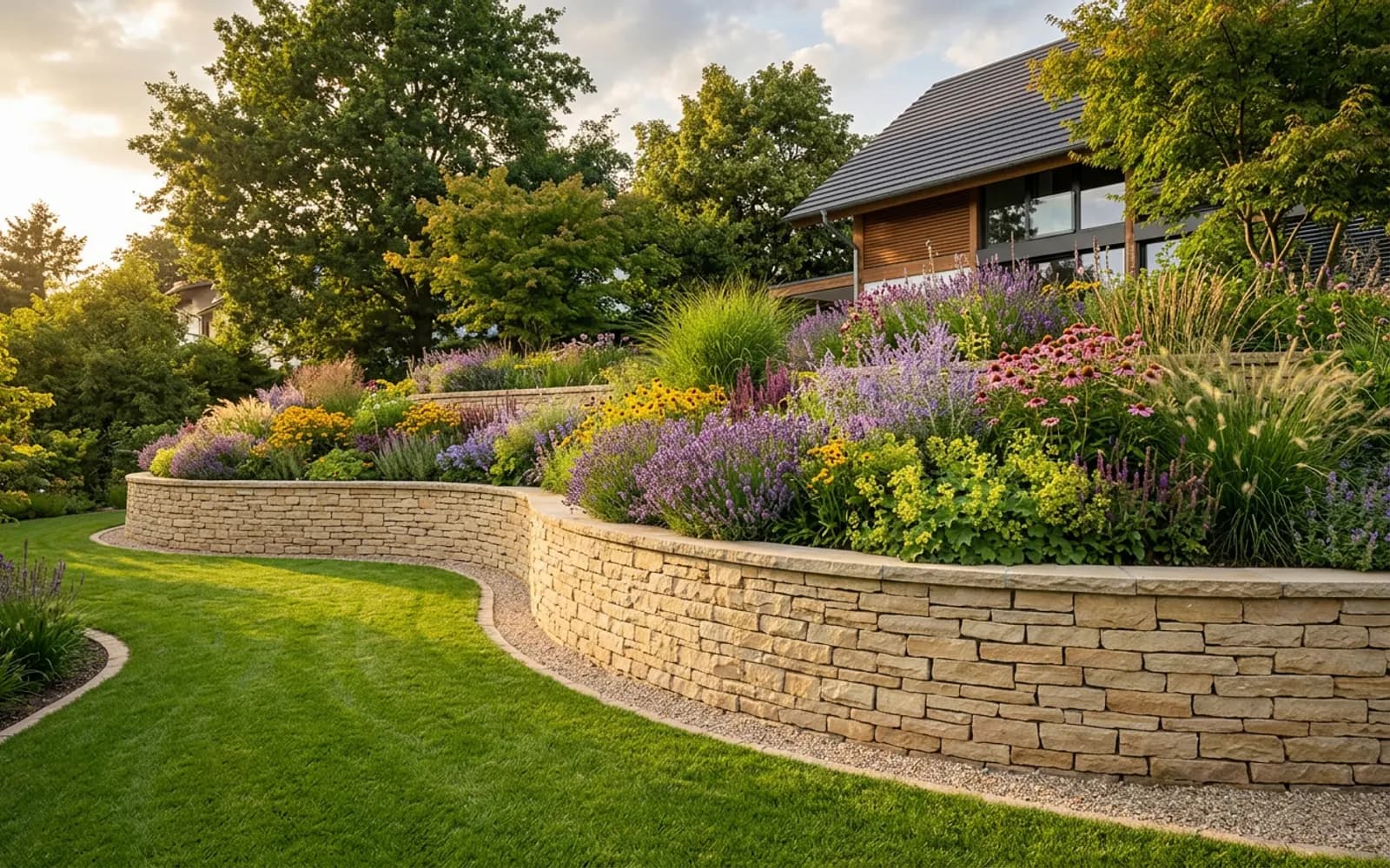 Mauerbau in Langenlonsheim – Natursteinmauer als Hangbefestigung mit Staudenbepflanzung in einem terrassierten Garten