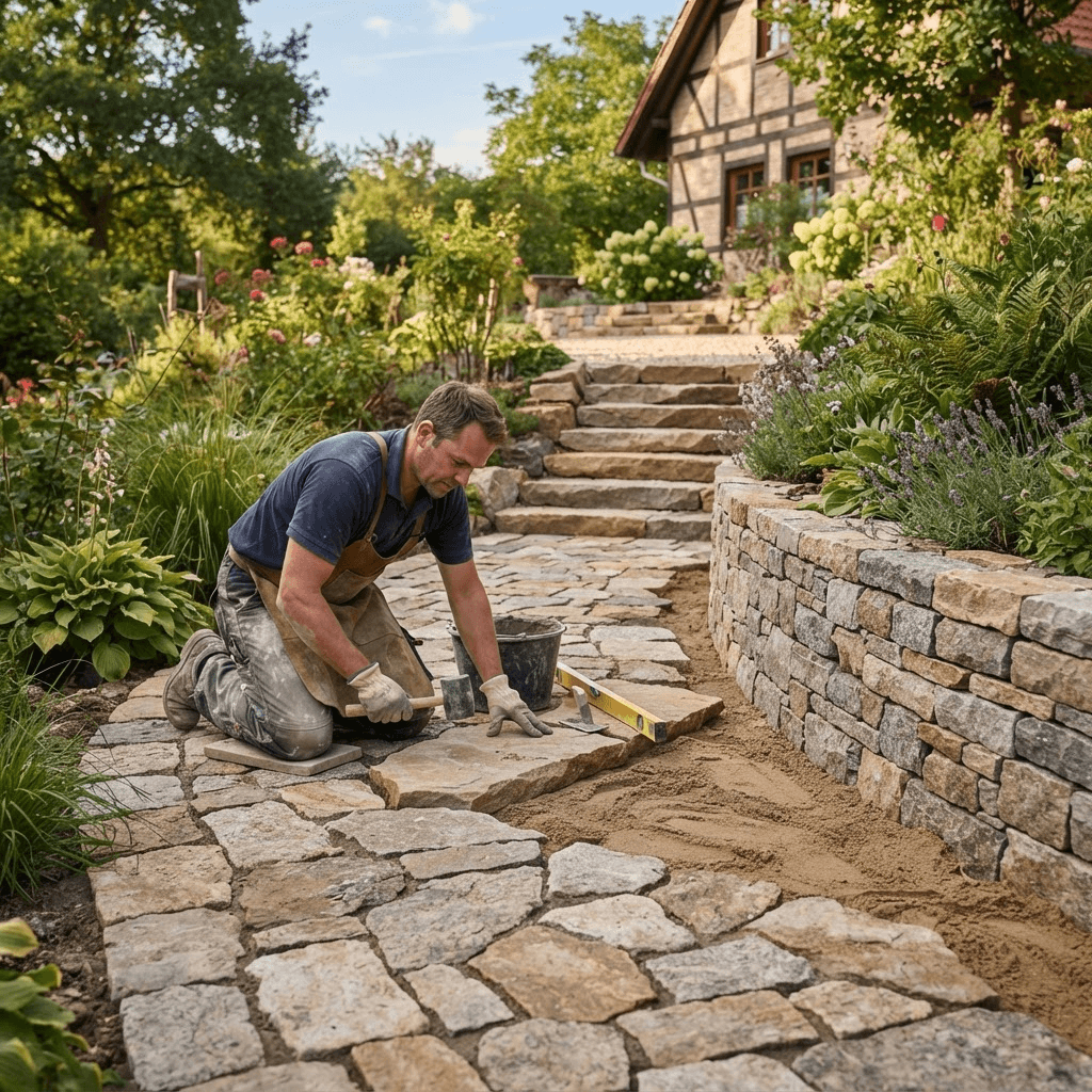 Handwerker verlegt Natursteinplatten aus Granit und Sandstein für einen Gartenweg mit Trockenmauer im Hintergrund