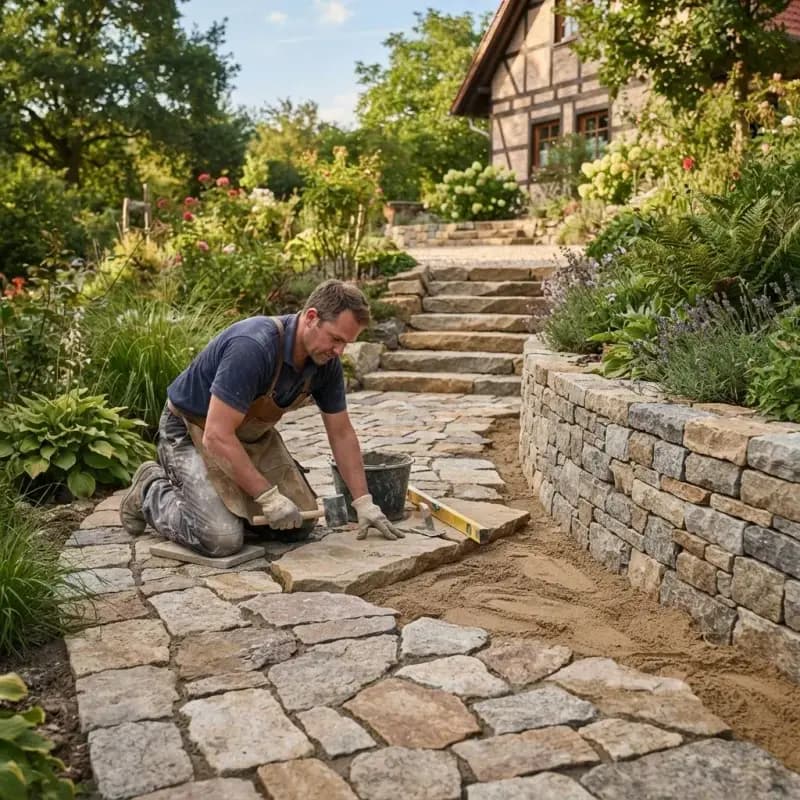 Handwerker verlegt Natursteinplatten aus Granit und Sandstein für einen Gartenweg mit Trockenmauer im Hintergrund