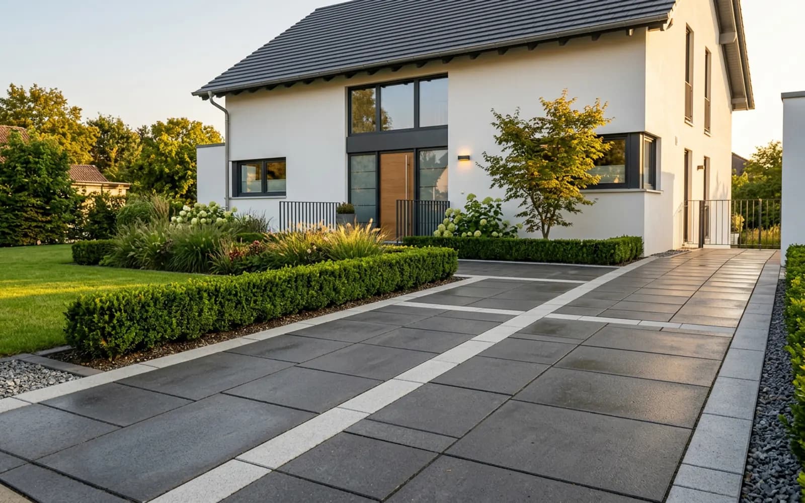 Pflasterarbeiten in Langenlonsheim – Frisch verlegtes Betonsteinpflaster mit dunklen Akzentsteinen auf einem Stellplatz – Pflasterarbeiten von SHG Garten- und Landschaftsbau in Bad Kreuznach