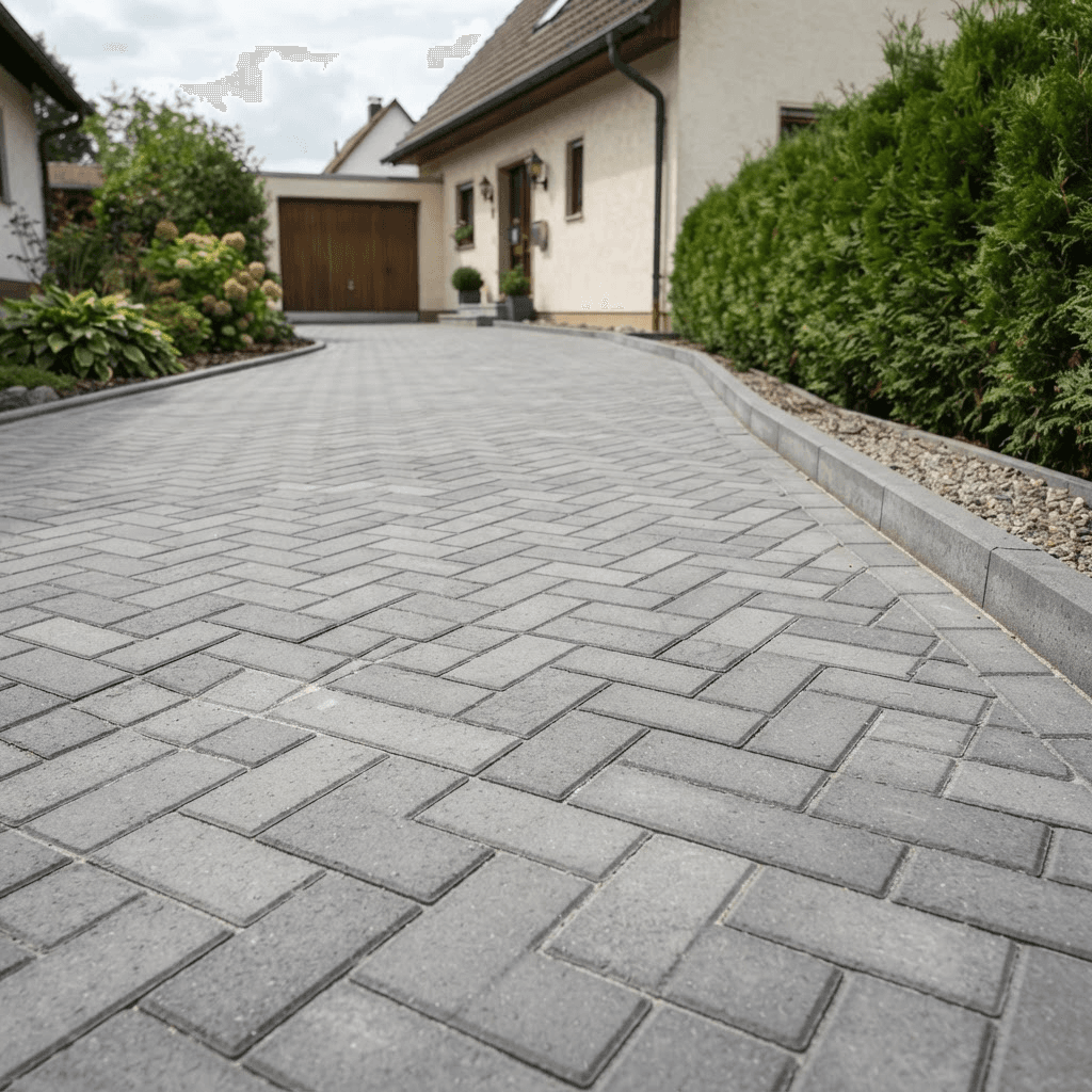 Handwerker verlegt Betonsteinpflaster im Reihenverband auf vorbereitetem Splittbett