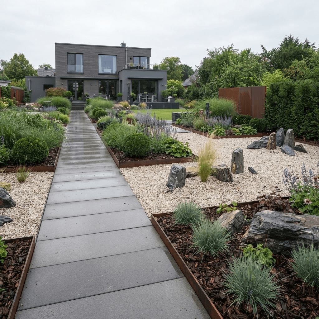 Moderner pflegeleichter Garten mit Gräsern, Stauden und Cortenstahl-Kanten