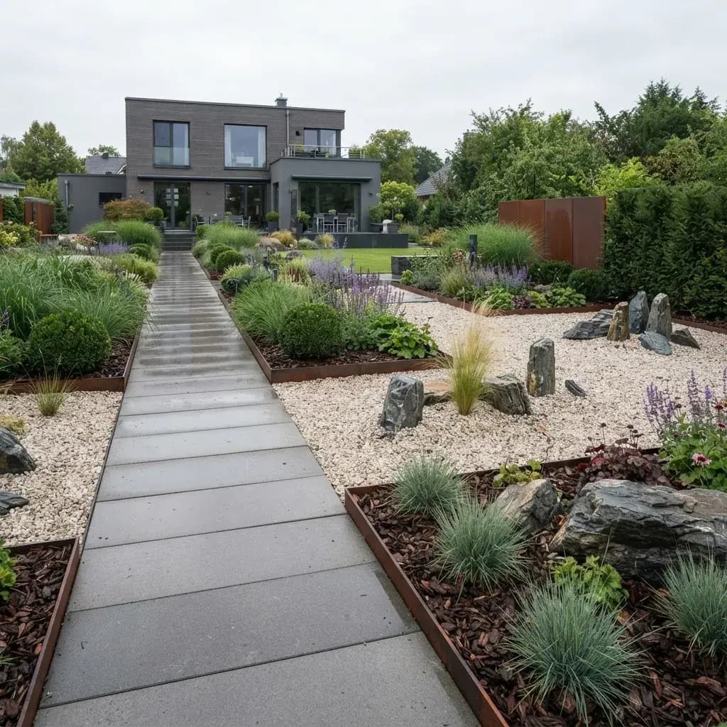 Moderner pflegeleichter Garten mit Gräsern, Stauden und Cortenstahl-Kanten