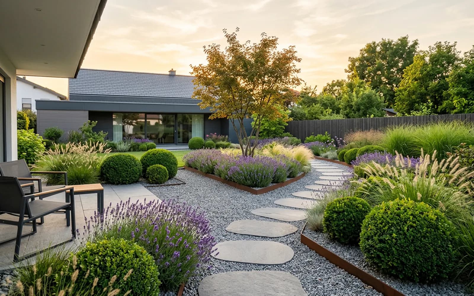 Moderner pflegeleichter Garten mit Gräsern, Stauden und Cortenstahl-Kanten