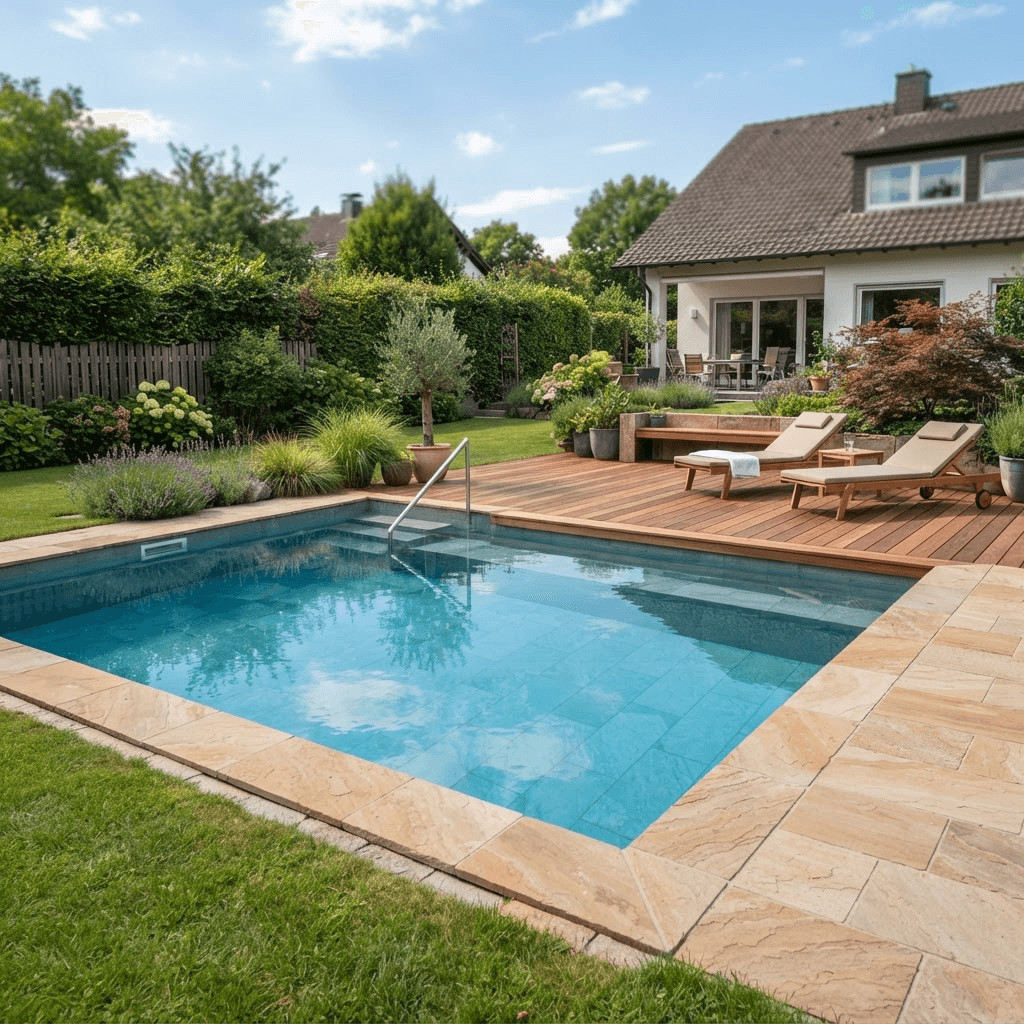 Pool mit heller Natursteinumrandung, Liegebereich und mediterraner Bepflanzung