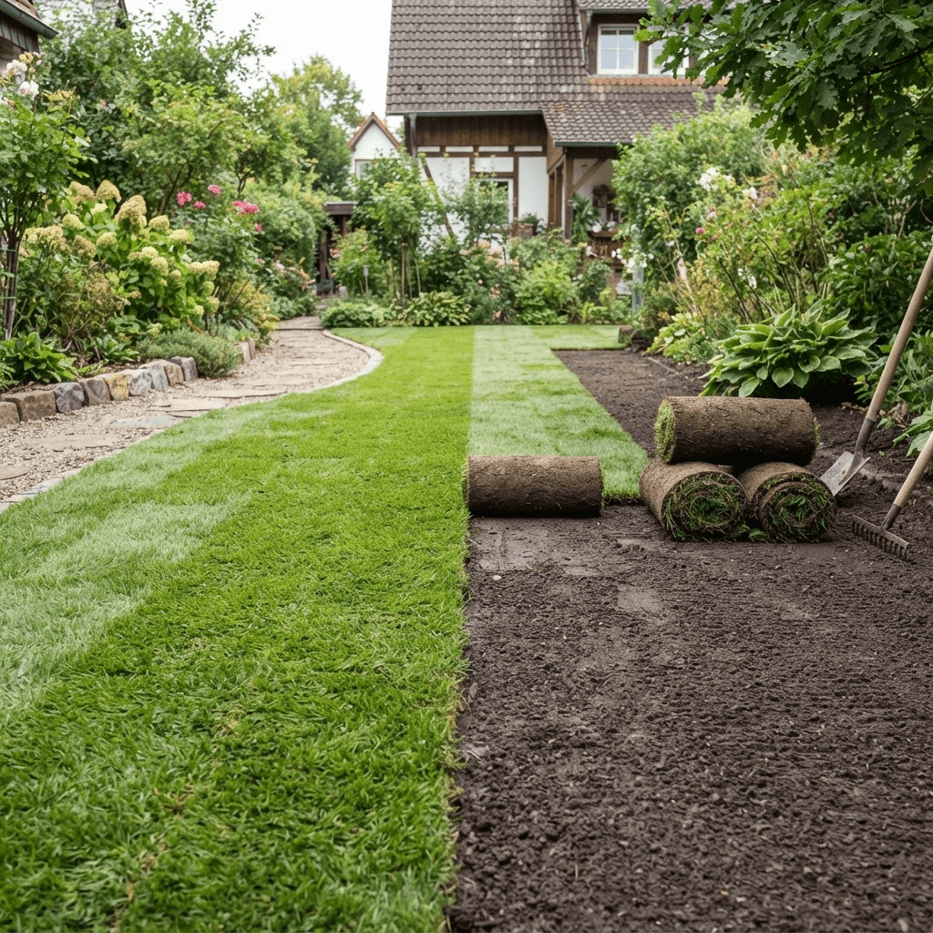 Frisch verlegte Rollrasenbahnen auf vorbereitetem Boden in einem Hausgarten