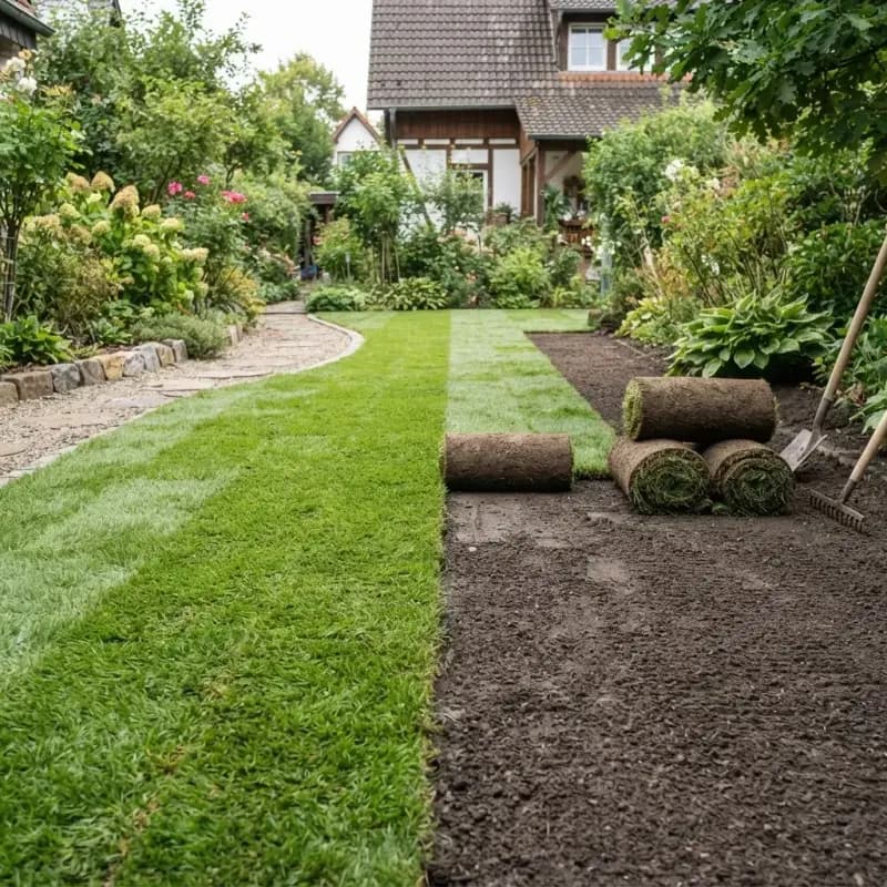 Frisch verlegte Rollrasenbahnen auf vorbereitetem Boden in einem Hausgarten