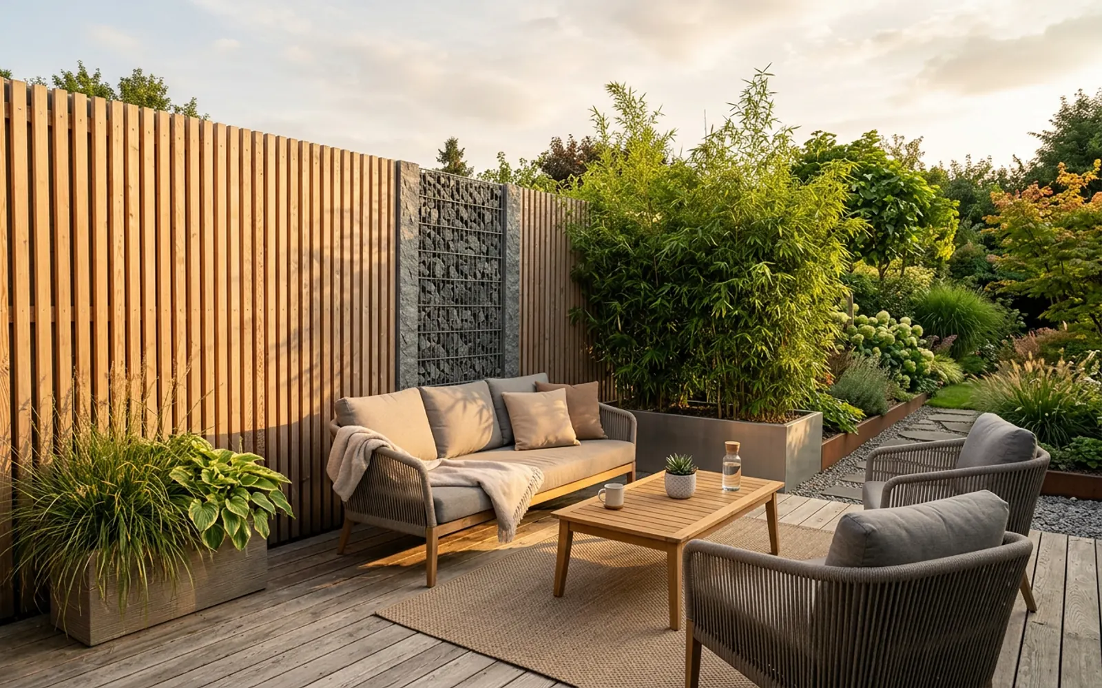 Moderne Sichtschutzwand aus Holzlamellen neben einer Terrasse mit Bepflanzung