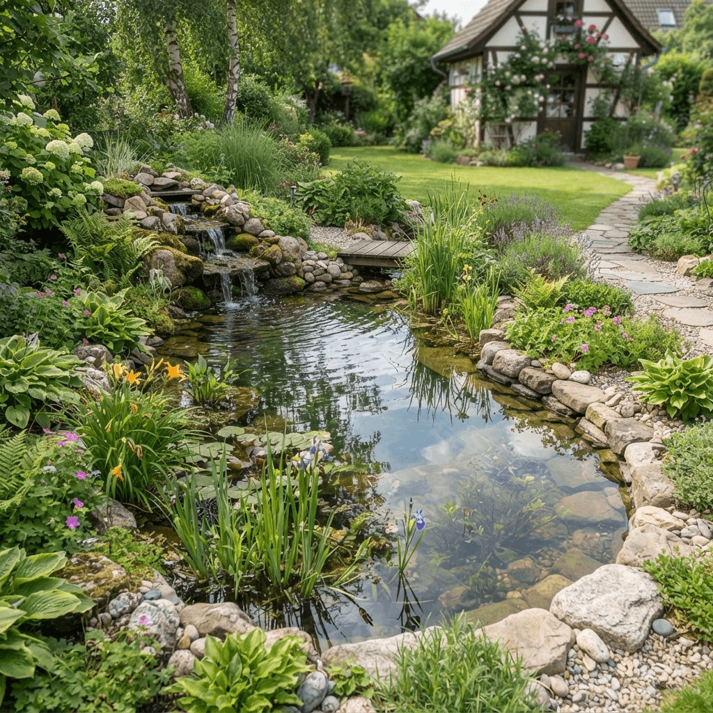 Naturnaher Gartenteich mit Uferbepflanzung, Kieszone und Natursteinen